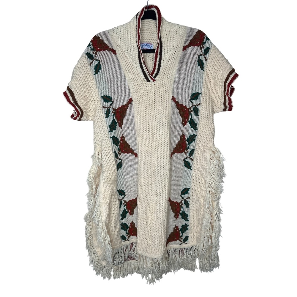 Mexican Poncho Cardinal Bird Knit Fringe Boho Hippie Festival Cover Up‎ Size M/L